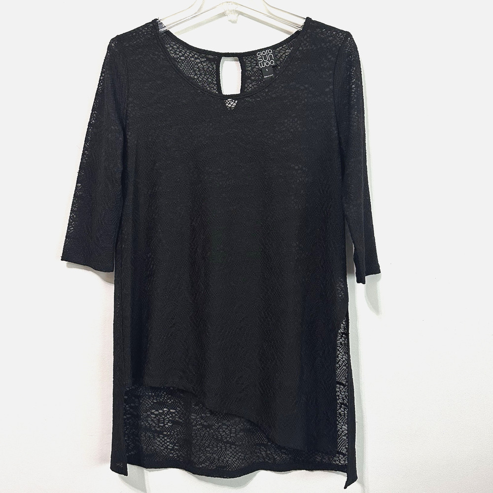 Clara Sun Woo Black Mesh Tunic S Top Asymmetric Slit Hem Popover Swim‎ Cover?